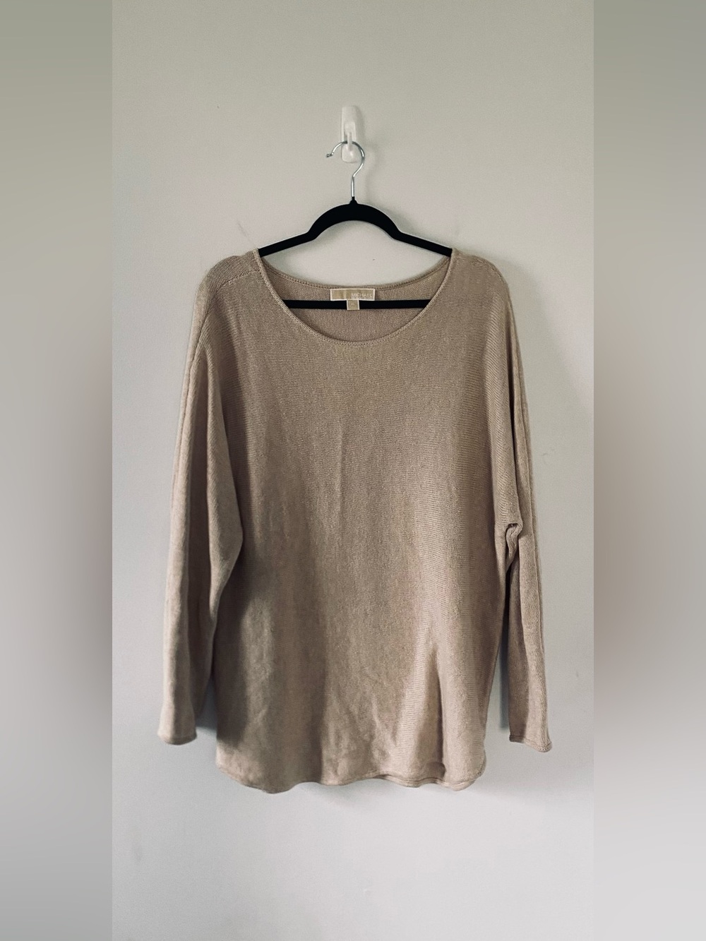 Michael Kors Oversized Crewneck Tunic Sweater Beige Tan High Low Knit Medium